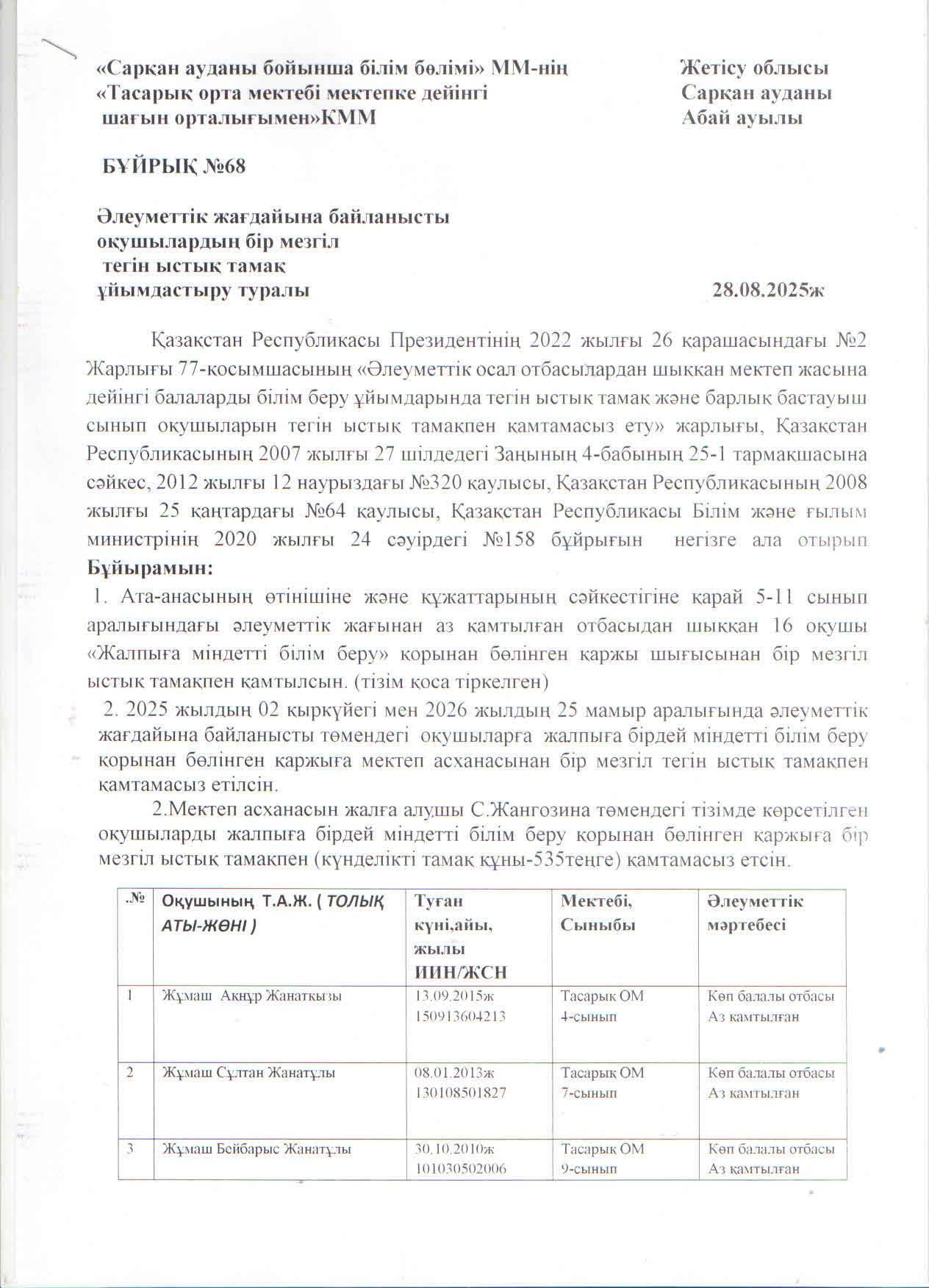 Әлеуметтік жағдайына байланысты бір мезгіл тегін ыстық тамақпен қамтылған оқушылар